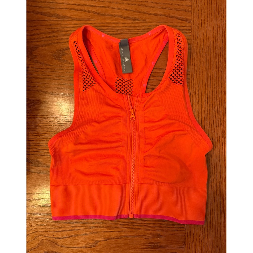 Adidas Stella McCartney Sports Bra Designer Womens S Orange‎ Zip Mesh Back
